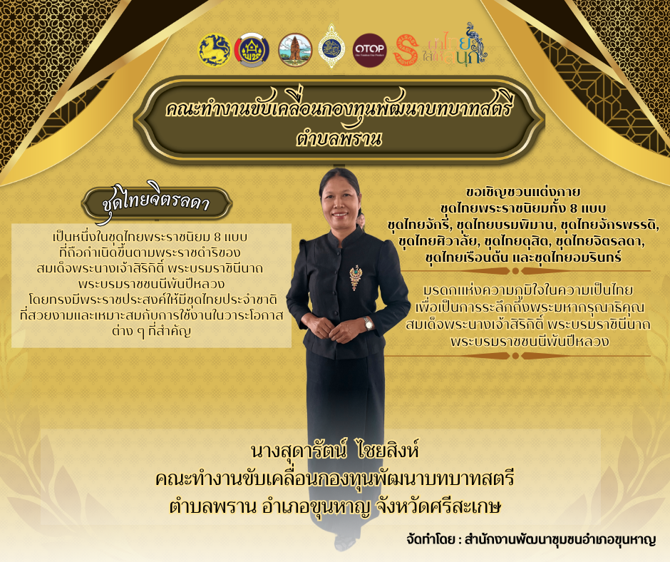 คณะทำงานขับเคลื่อนกองทุนพัฒนาบทบาทสตรีตำบลพราน ขอเชิญชวนสวมใส่ชุดไทยพระราชนิยมทั้ง 8 แบบ
